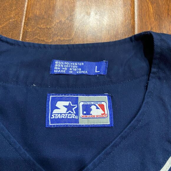 STARTER Vintage 90s MLB New York Yankees Baseball Jersey Navy White Pinstripe L - Picture 7 of 9